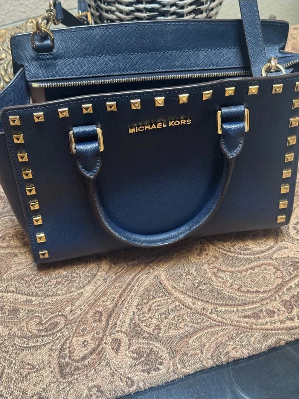 Michael Kors Navy Saffiano Leather Stud Satchel with Gold Hardware